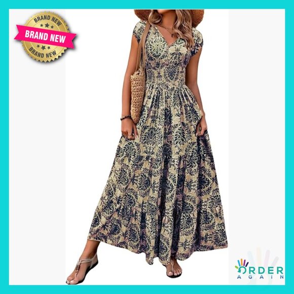 Dresses & Skirts - Vintage Boho Maxi Dress Floral Print Smocked Waist Summer Casual Vacation